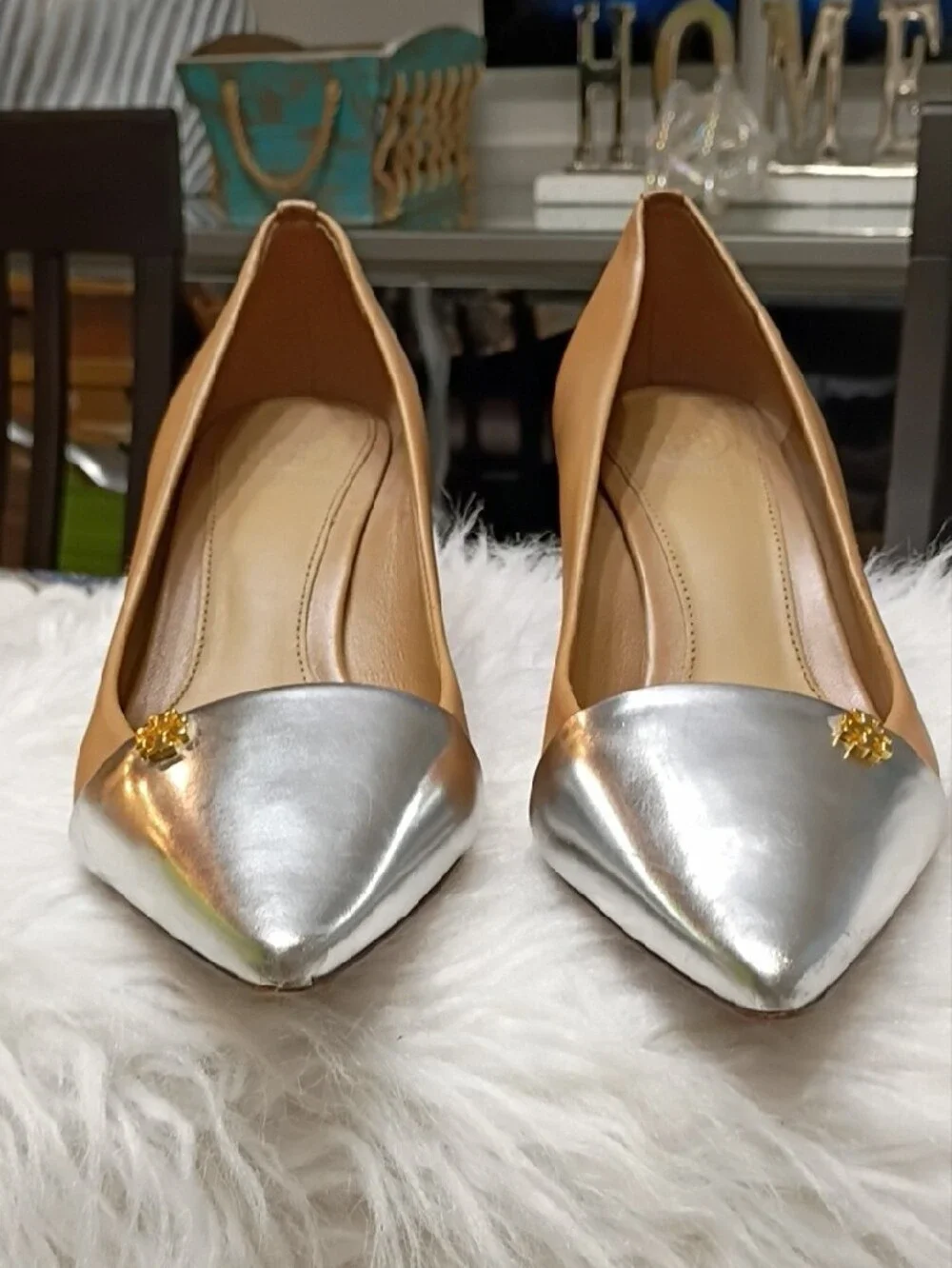 Tory Burch Nude & Metallic Silver Pointed Kitten Spectator Pumps Kitten Heels 6